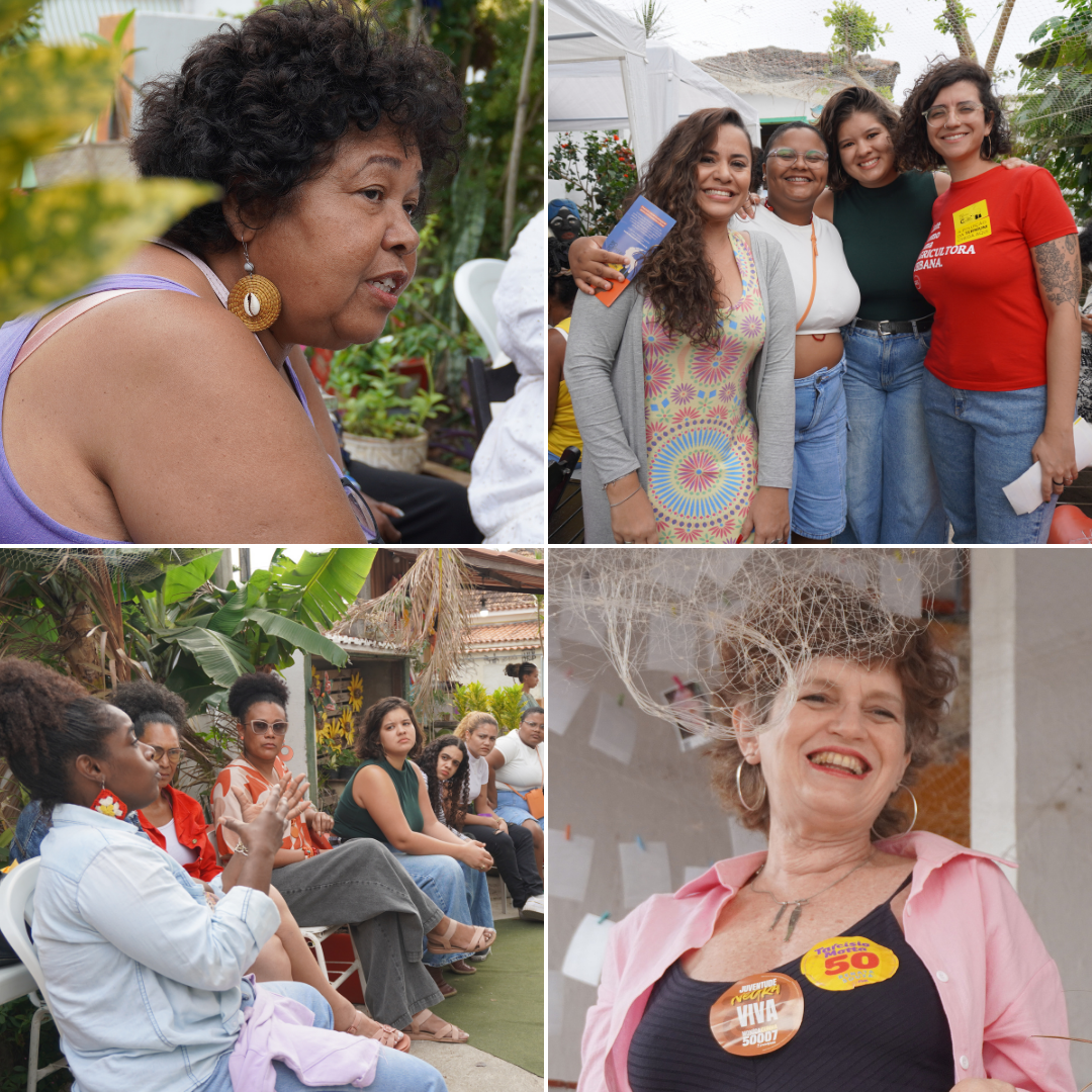 Foto 1: Silvia Baptista, educadora convidada. Foto 2: Aline Lima, coordenadora institucional do Pacs, Flora Rodrigues, educadora convidada, Yasmin Bitencourt e Ana Luisa Queiroz, coordenadoras de projetos do Pacs (da esquerda para a direita). Foto 3: Mulheres em roda de conversa, no módulo 6. Foto 4: Sandra Quintela, presidenta do Pacs, fundadora e educadora do curso.