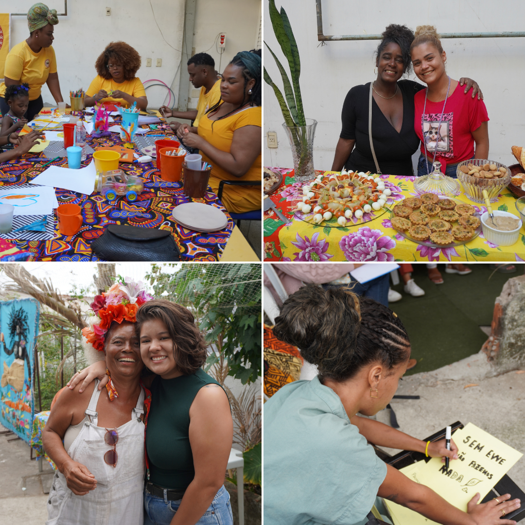 Foto 1: Equipe do Espaço Quilombinho. Foto 2: Mulheres do Centro de Integração na Serra da Misericórdia (CEM). Foto 3: Leila Netto, da Coletiva Mulheres de Pedra, junto com Yasmin Bitencourt, coordenadora de projetos do Pacs. Foto 4: Thais Matos, assessora político pedagógica do Pacs.