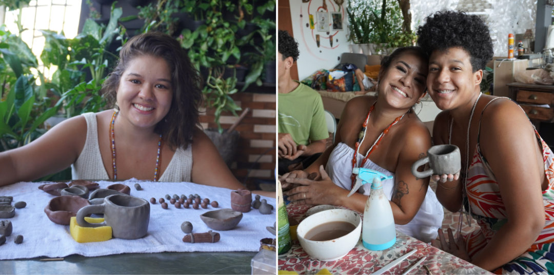 À esquerda, a facilitadora da oficina, a coordenadora de projetos do Instituto Pacs, Yasmin Bitencourt. À direita, a coordenadora institucional do Pacs, Aline Lima, com uma das participantes da oficina. 